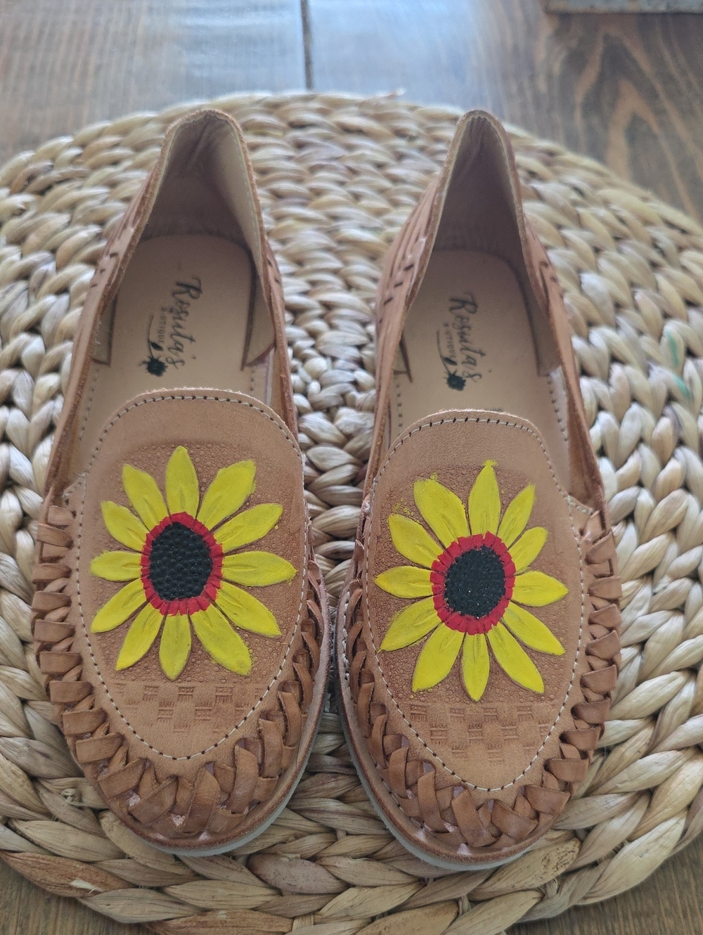 Rebels Sunflower-Embroidered Tan Leather Loafers